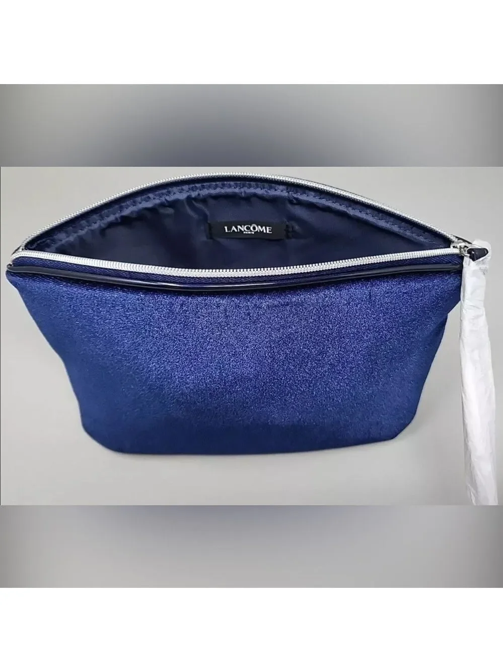 Lancome Dark Blue Velvet Luxury Makeup Cosmetics Bag Wrist Strap Zipper Clutch